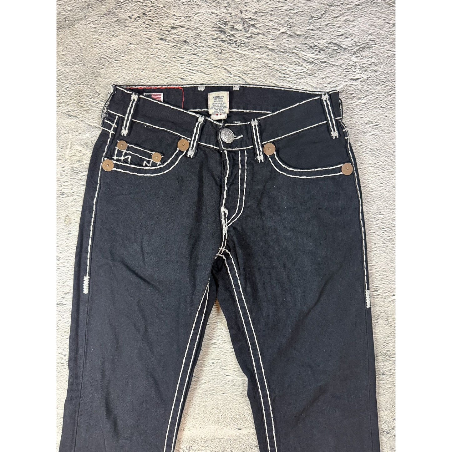 True Religion black jeans white thick stitching Y2K Logan