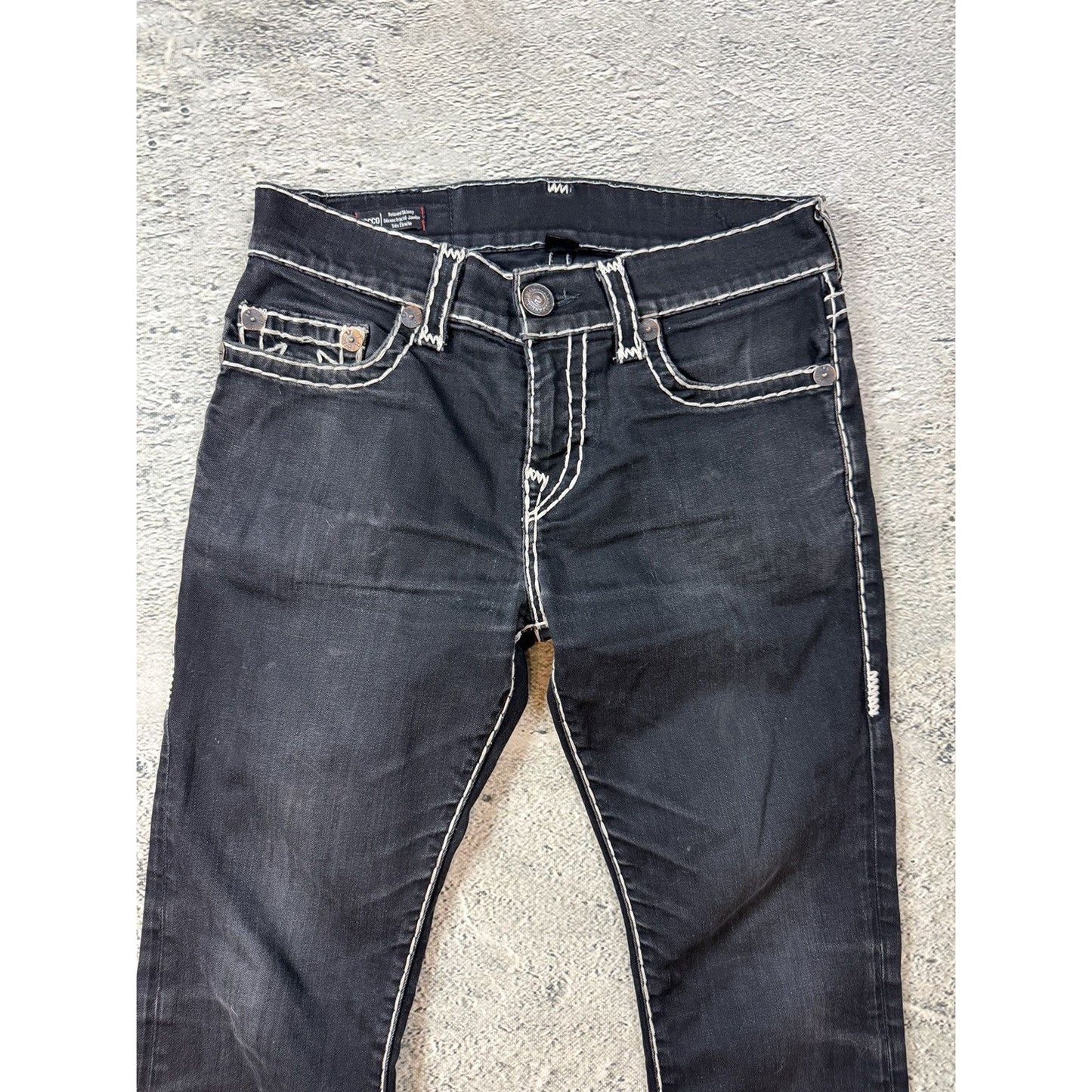 True Religion black jeans Rocco white thick stitching Y2K slim