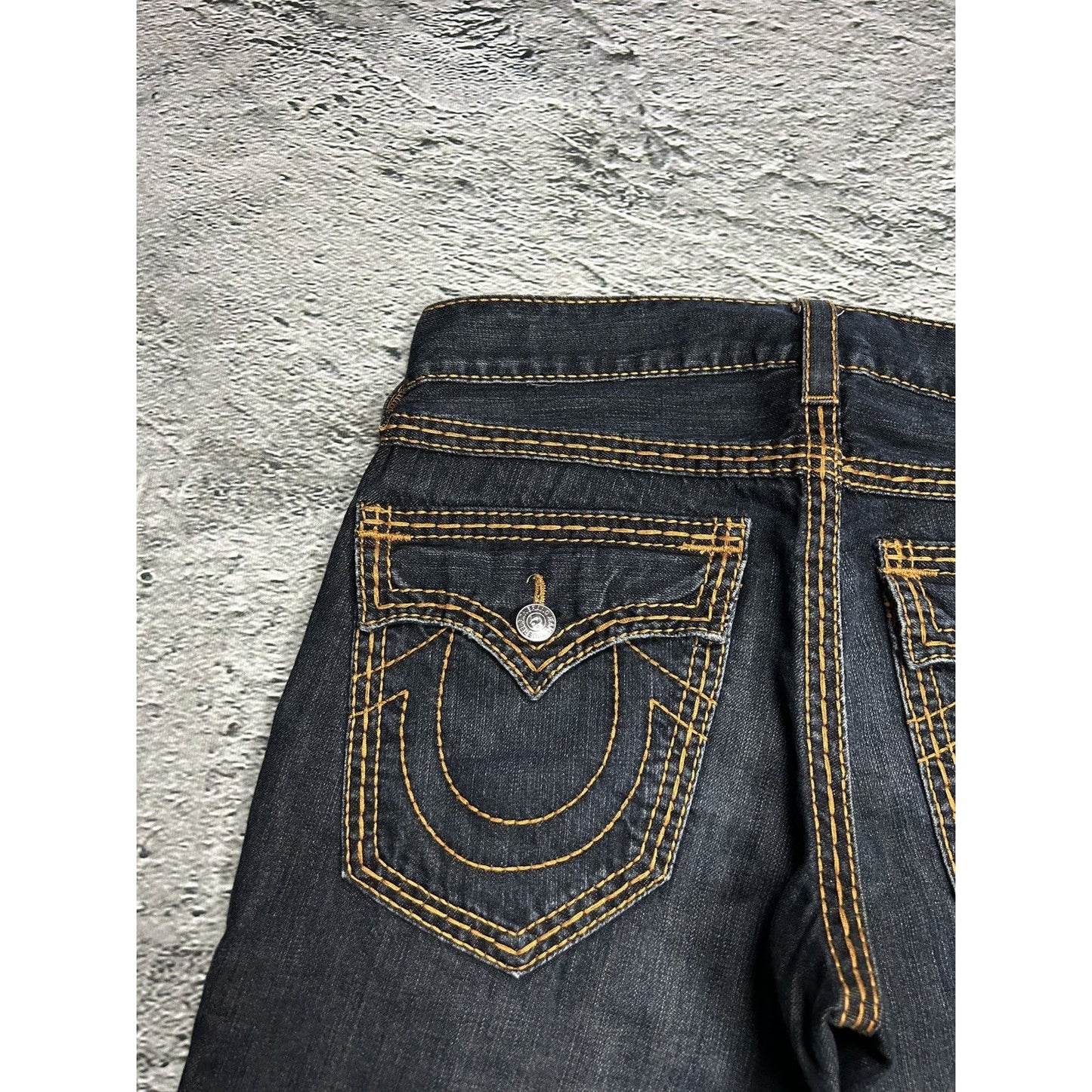 True Religion dark navy jeans orange thick stitching Y2K