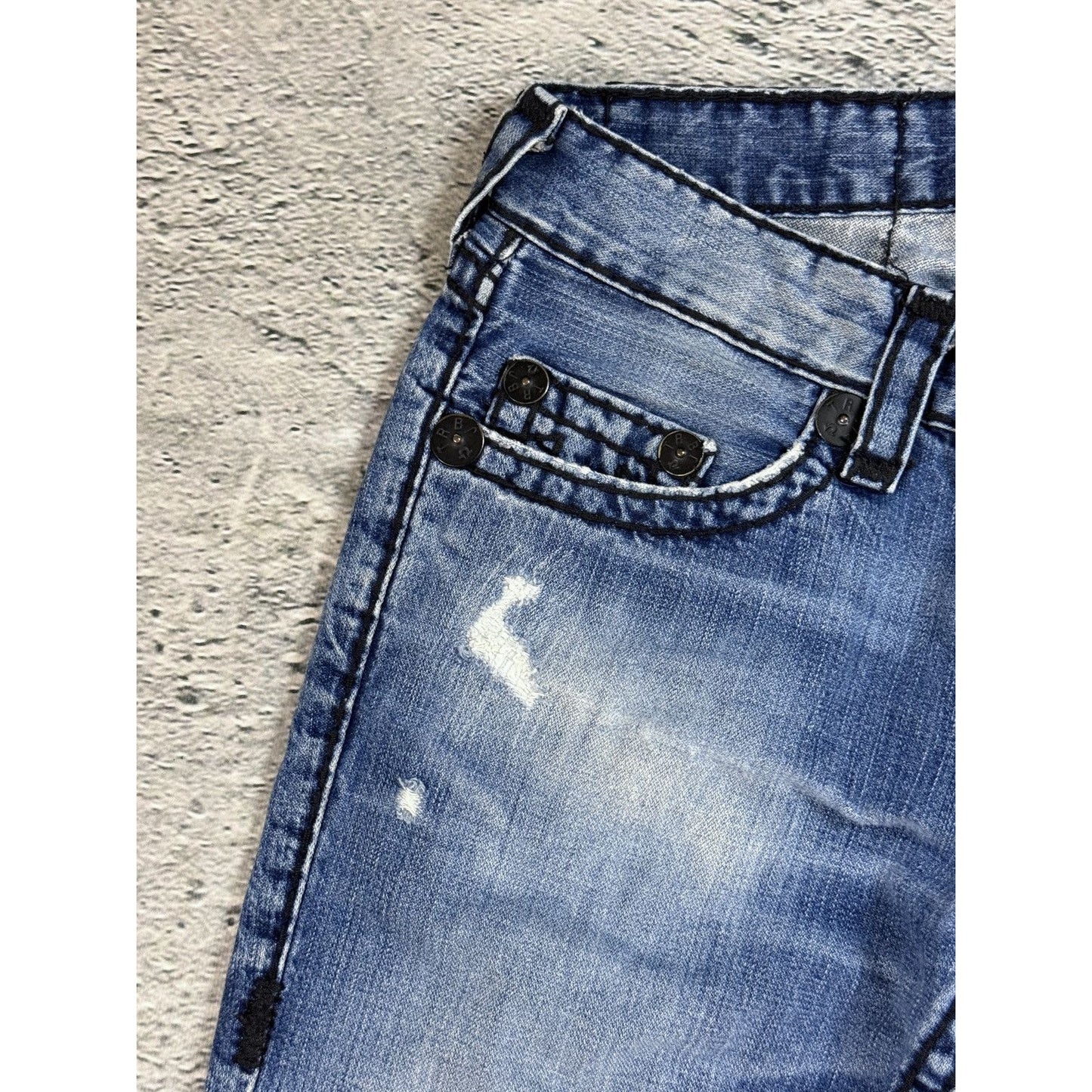 True Religion jeans blue vintage black stitch Bobby Super T