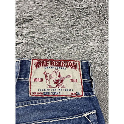 True Religion blue jeans white thick stitching Bobby