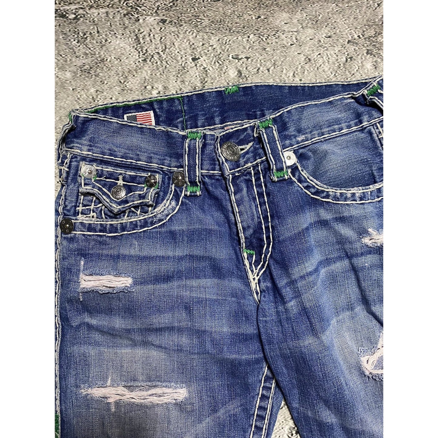 True Religion vintage jeans blue thick stitching white Y2K