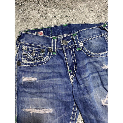 True Religion vintage jeans blue thick stitching white Y2K