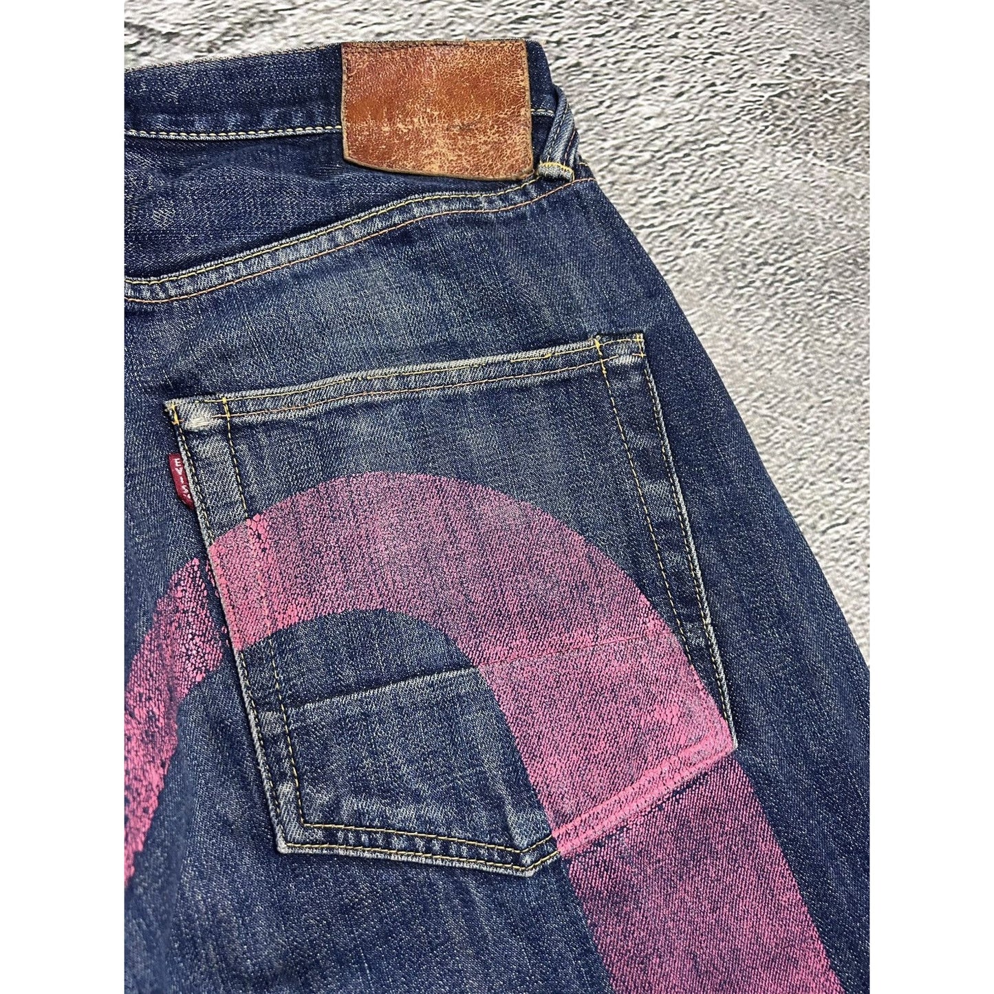 Evisu jeans daicock big logo pink selvedge denim navy blue
