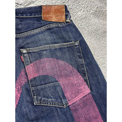 Evisu jeans daicock big logo pink selvedge denim navy blue