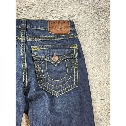 True Religion blue jeans flared bootcut green stitching Joey