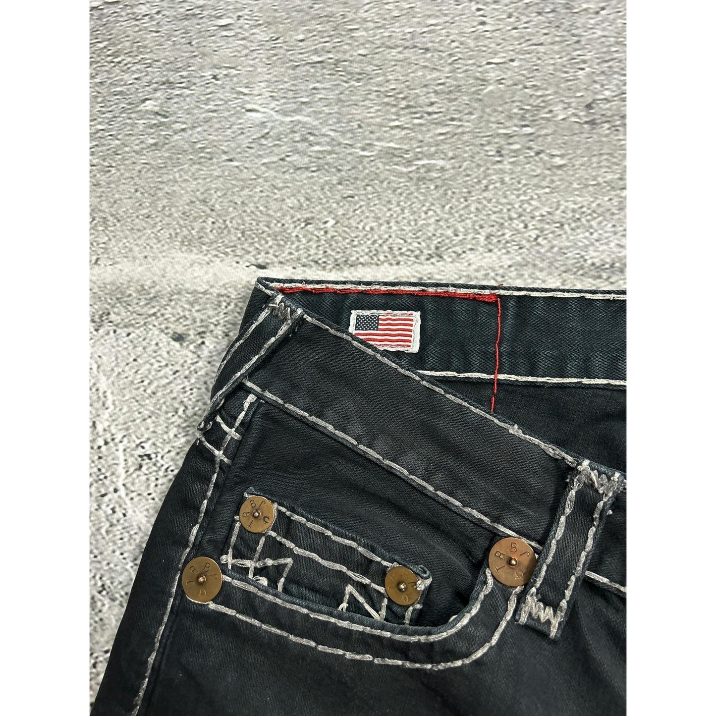 True Religion vintage black jeans denim white stitching