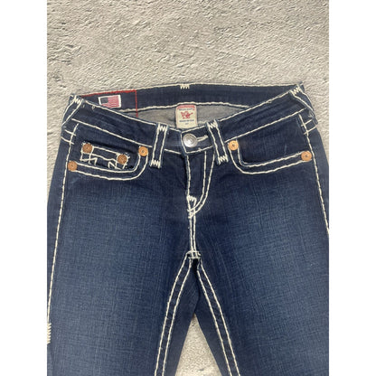 True Religion flared jeans blue white thick stitching Y2K