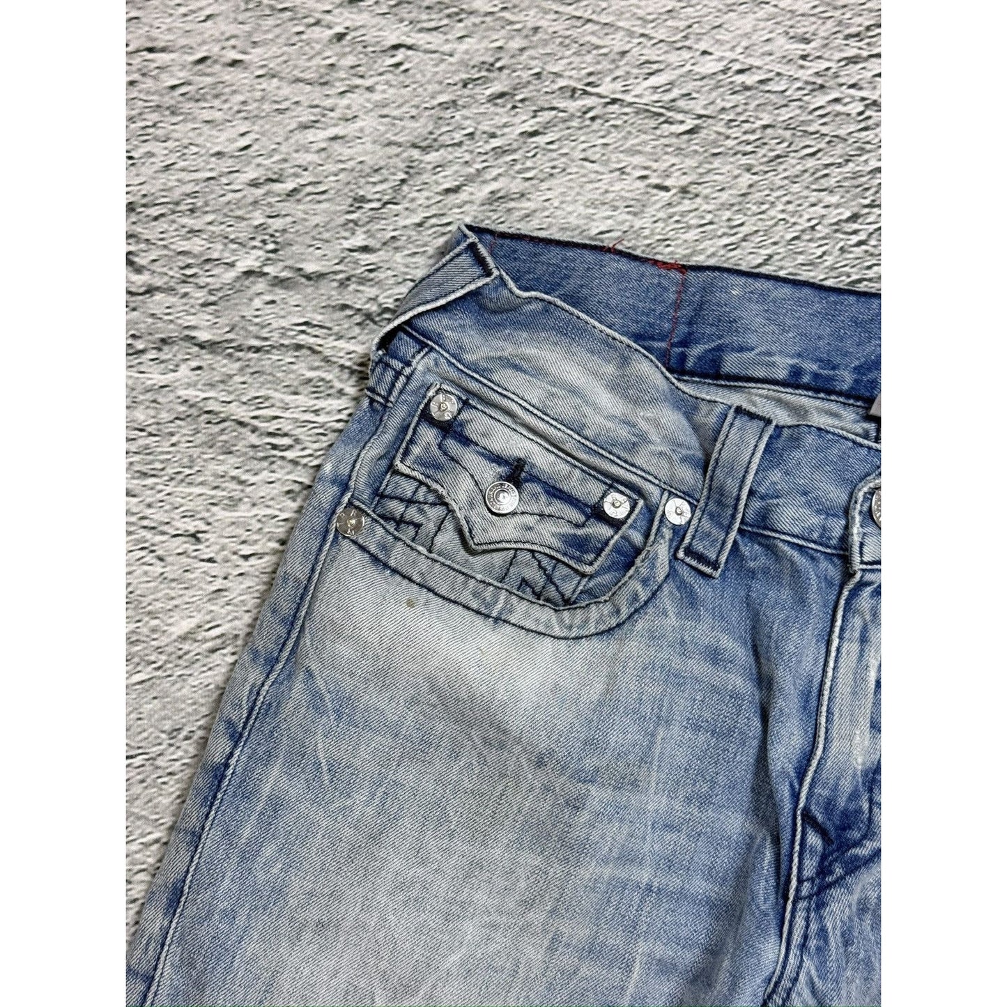 True Religion baby blue jeans black thick stitching straight