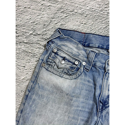 True Religion baby blue jeans black thick stitching straight