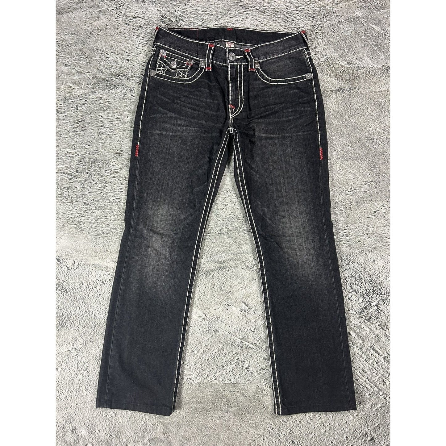 True Religion vintage black jeans denim white stitching