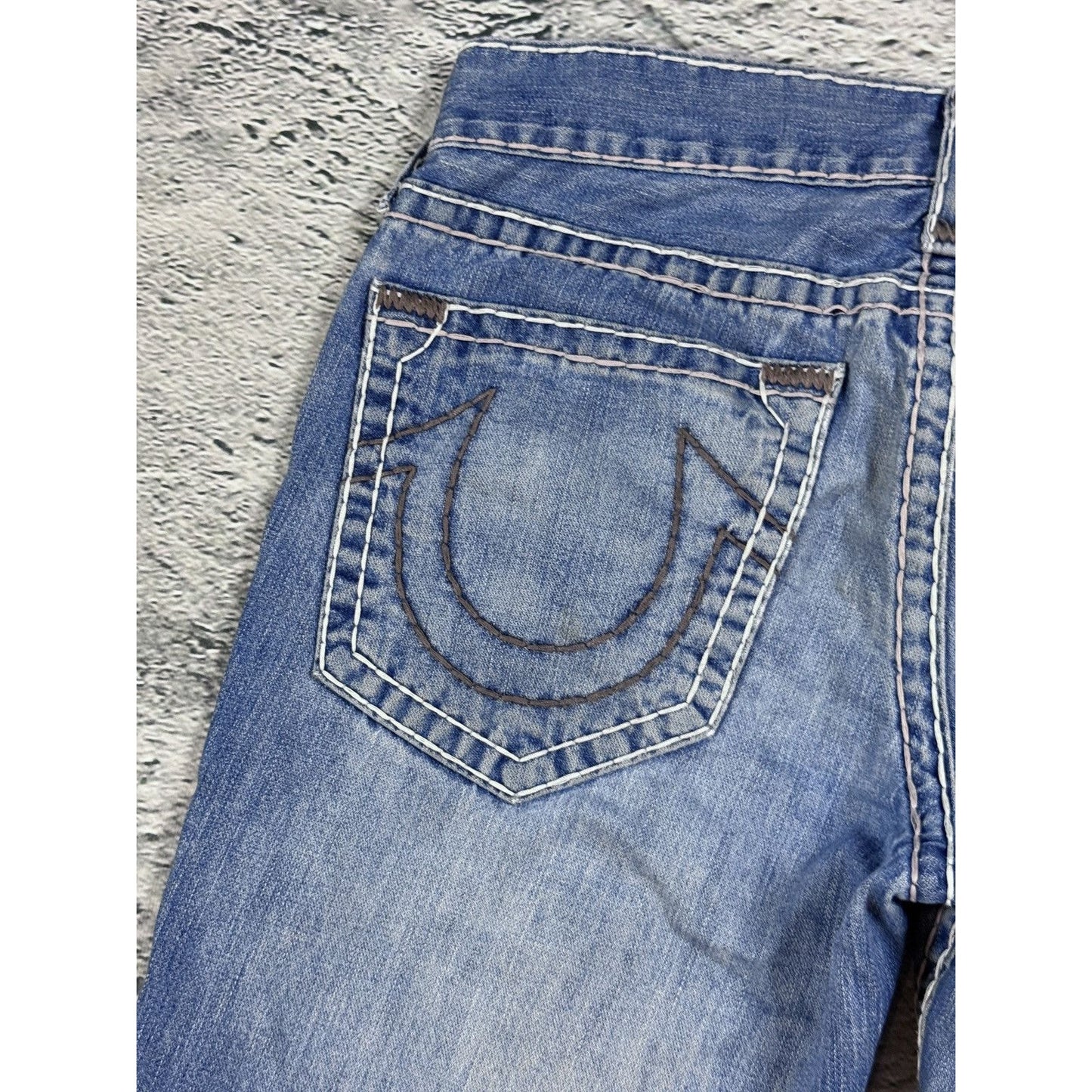 True Religion Blue jeans White Brown thick stitching Bobby