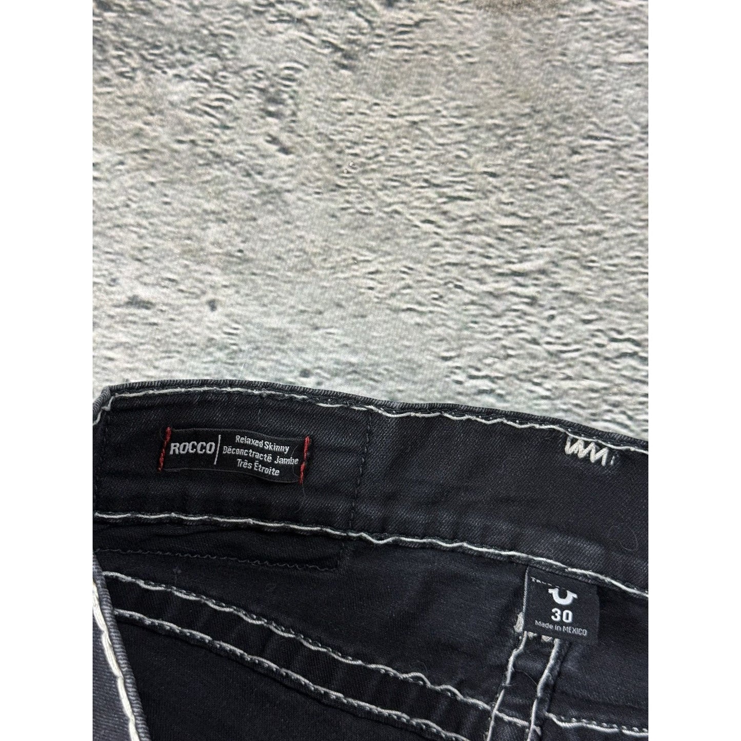 True Religion black jeans Rocco white thick stitching Y2K slim