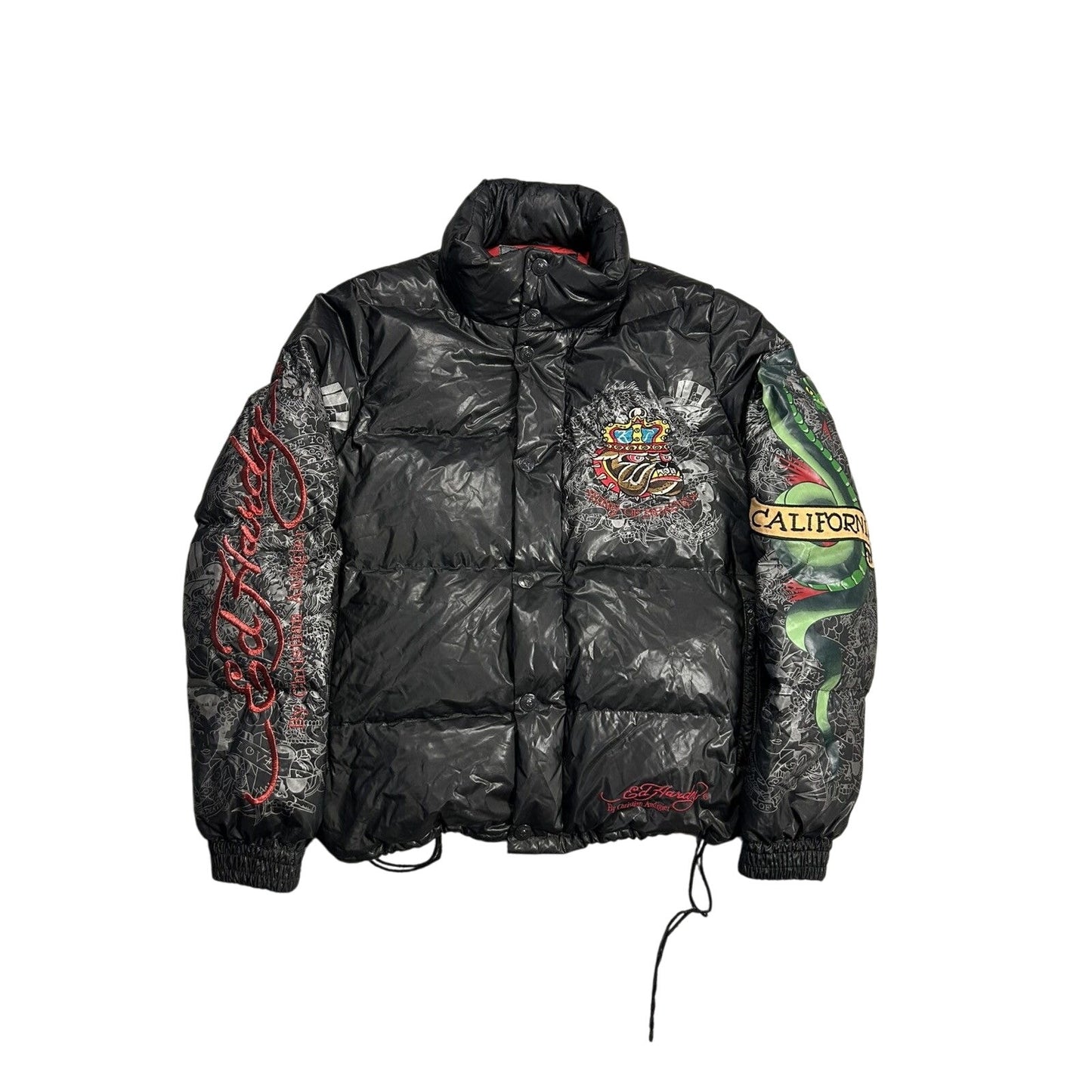 Ed Hardy Puffer Jacket vintage big logo Y2K black