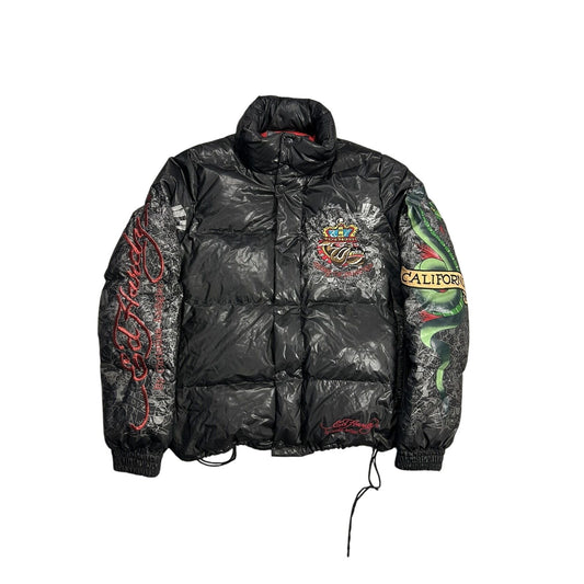 Ed Hardy Puffer Jacket vintage big logo Y2K black