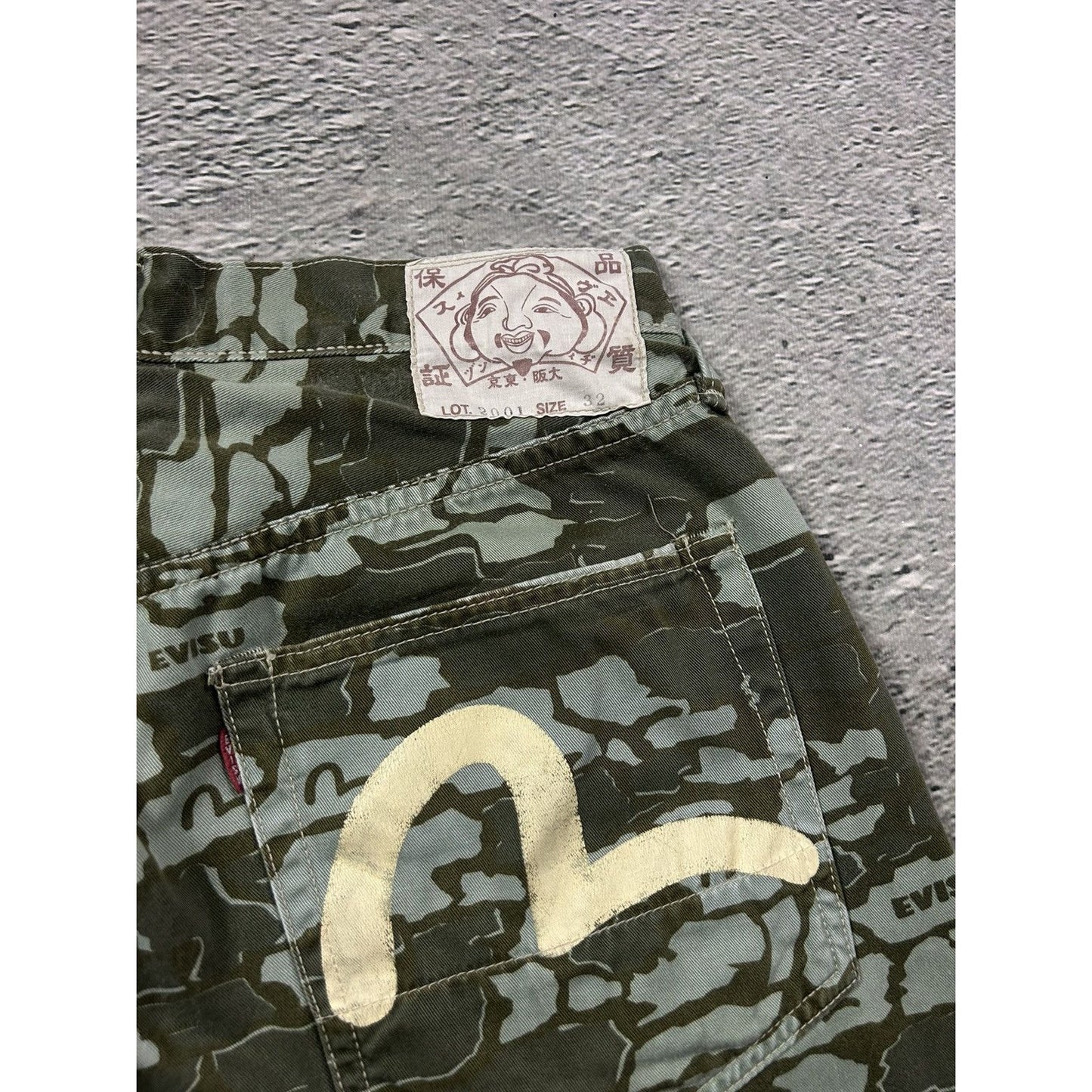 Evisu camo jorts white seagulls green made in Japan