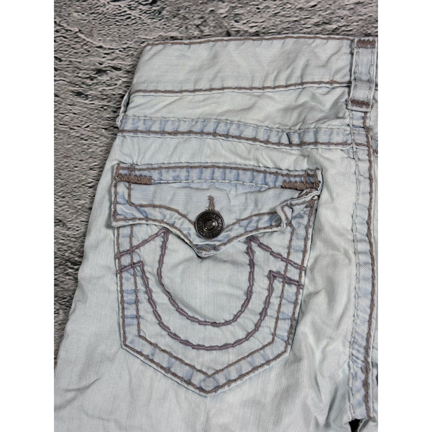 True Religion light blue jeans beige stitching Ricky Super T