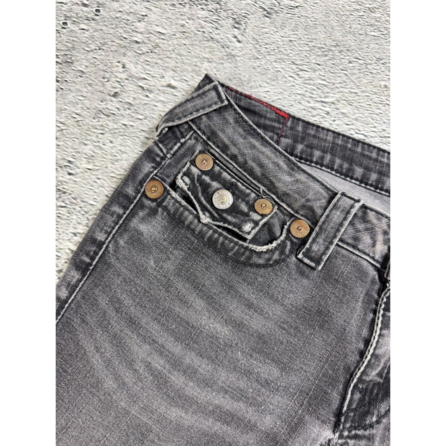 True Religion jeans grey black thick stitching flared Joey