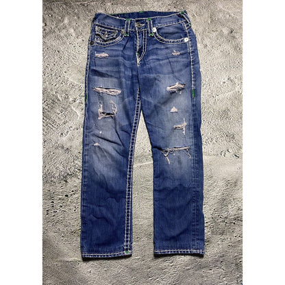 True Religion vintage jeans blue thick stitching white Y2K