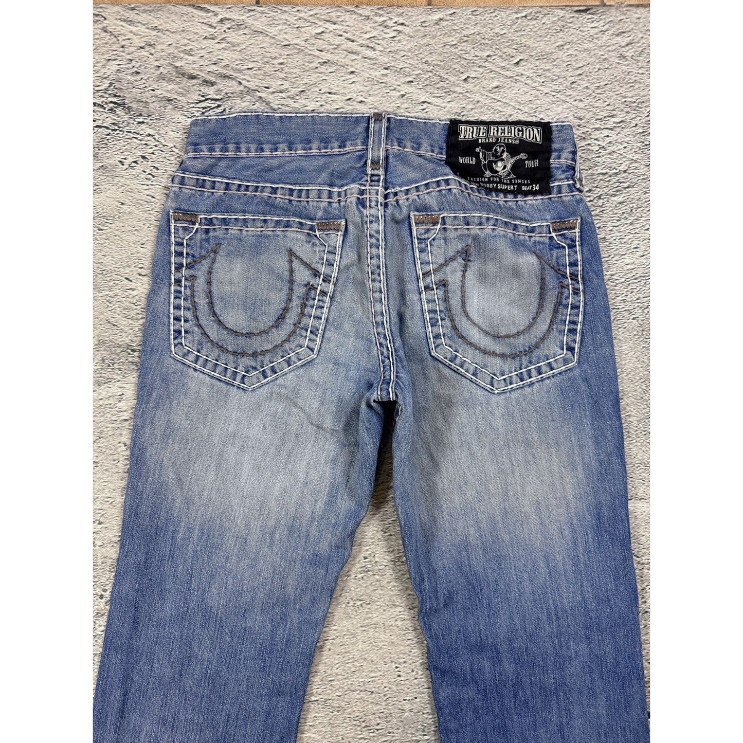 True Religion Blue jeans White Brown thick stitching Bobby