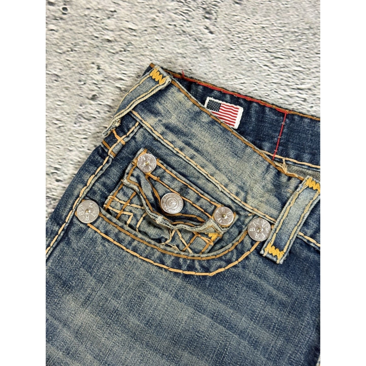 True Religion jorts denim shorts navy orange stitching Ricky