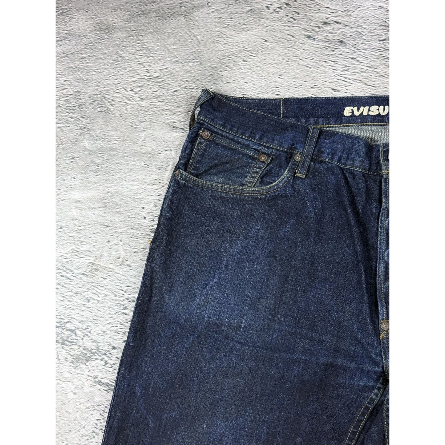 Evisu Genes jeans vintage raw denim blue painted seagull Y2K