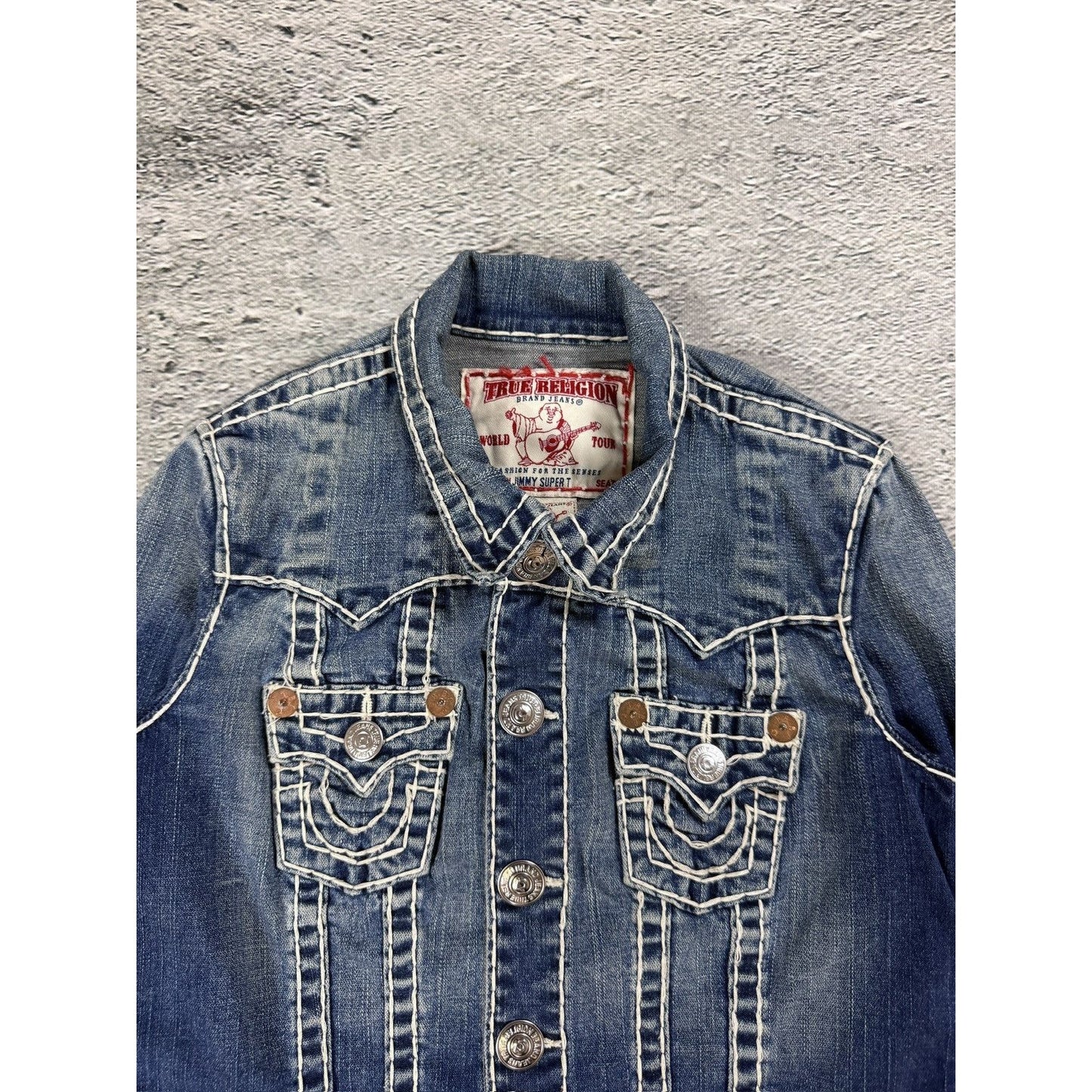 True Religion denim jacket blue white stitching vintage