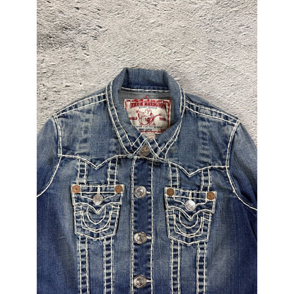 True Religion denim jacket blue white stitching vintage