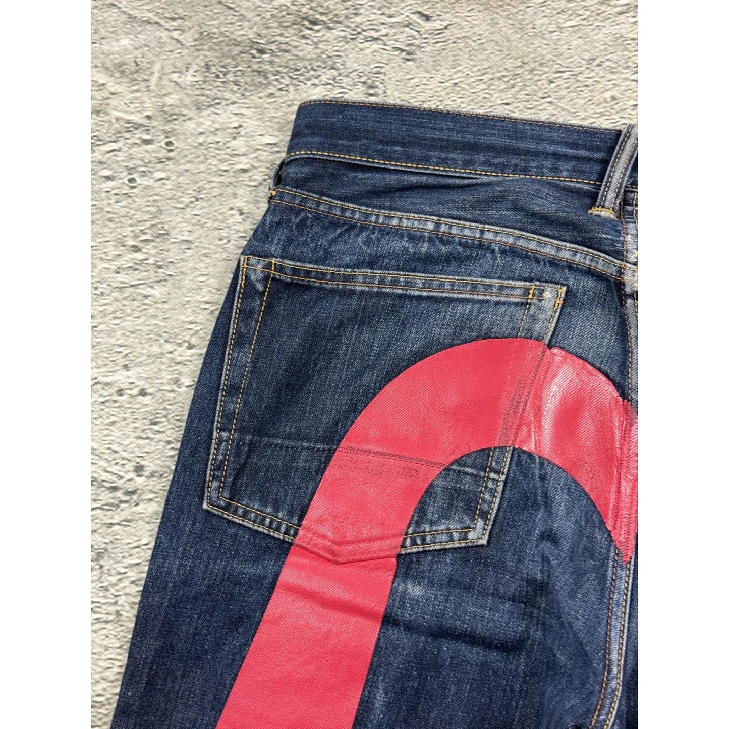 Evisu jeans daicock red big logo navy raw denim Selvedge