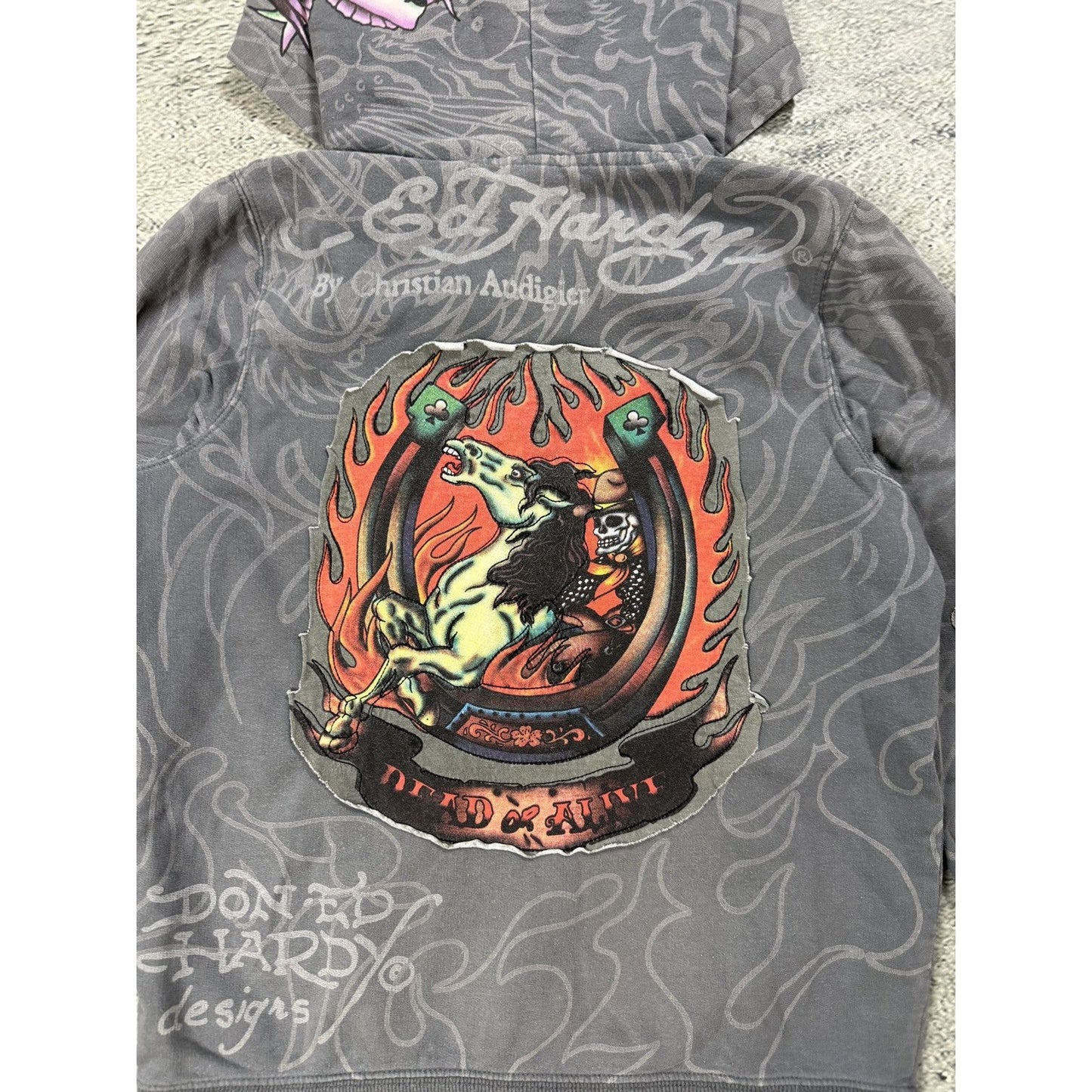 Ed Hardy zip hoodie grey Y2K vintage Christian Audigier fur