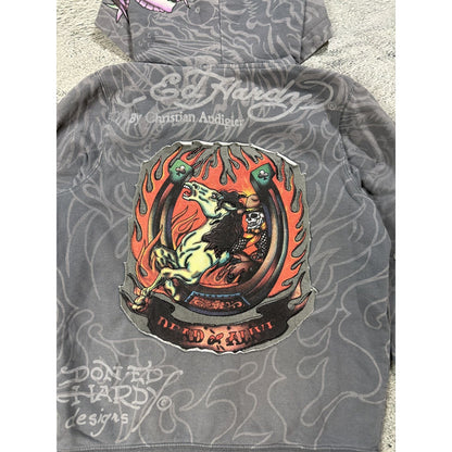 Ed Hardy zip hoodie grey Y2K vintage Christian Audigier fur