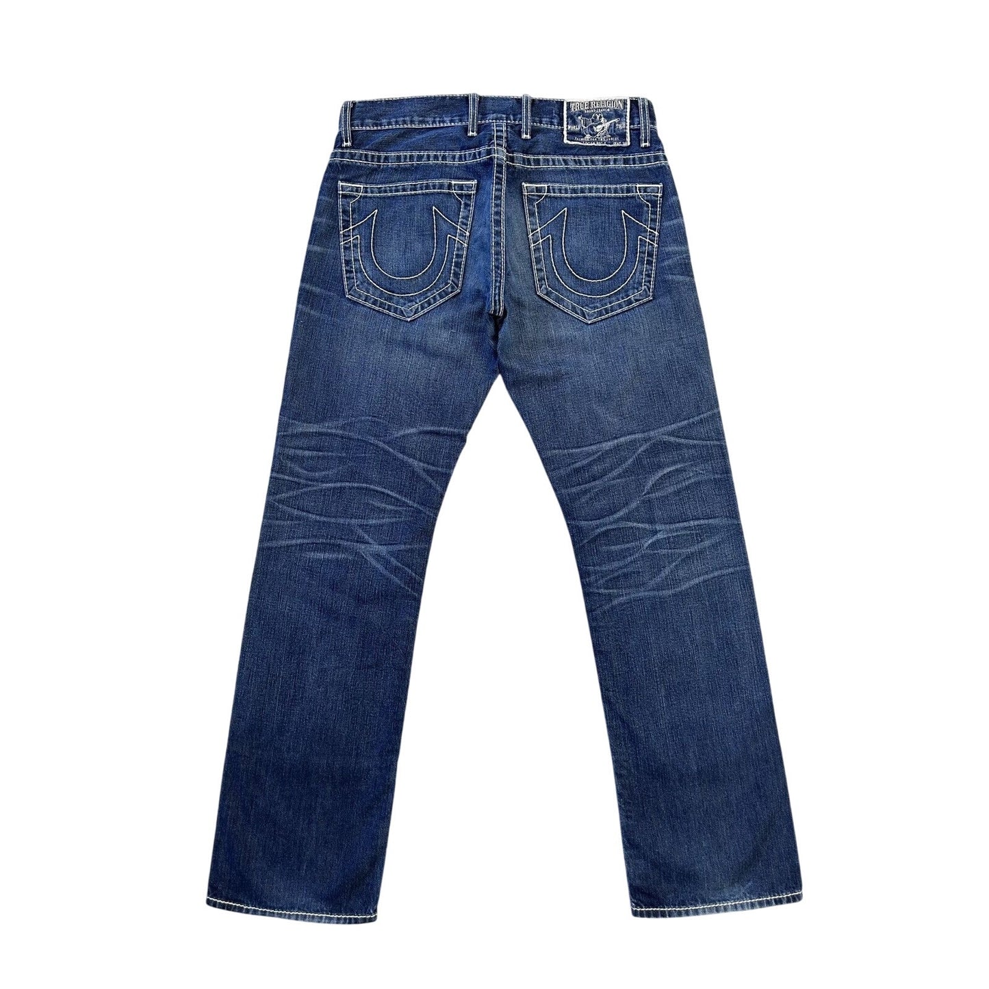 True Religion blue jeans white thick stitching Logan Y2K