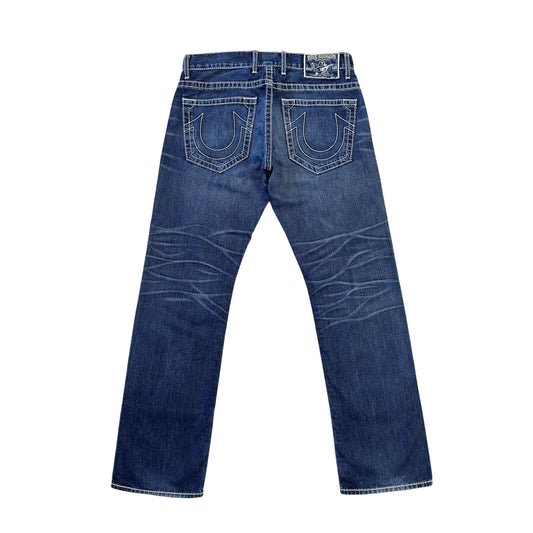 True Religion blue jeans white thick stitching Logan Y2K