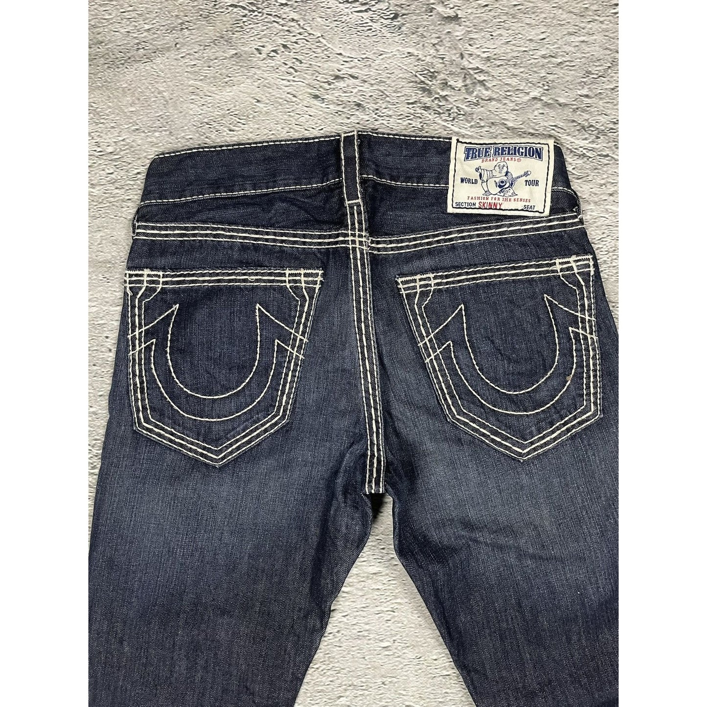 True Religion jeans navy blue white stitching straight Y2K