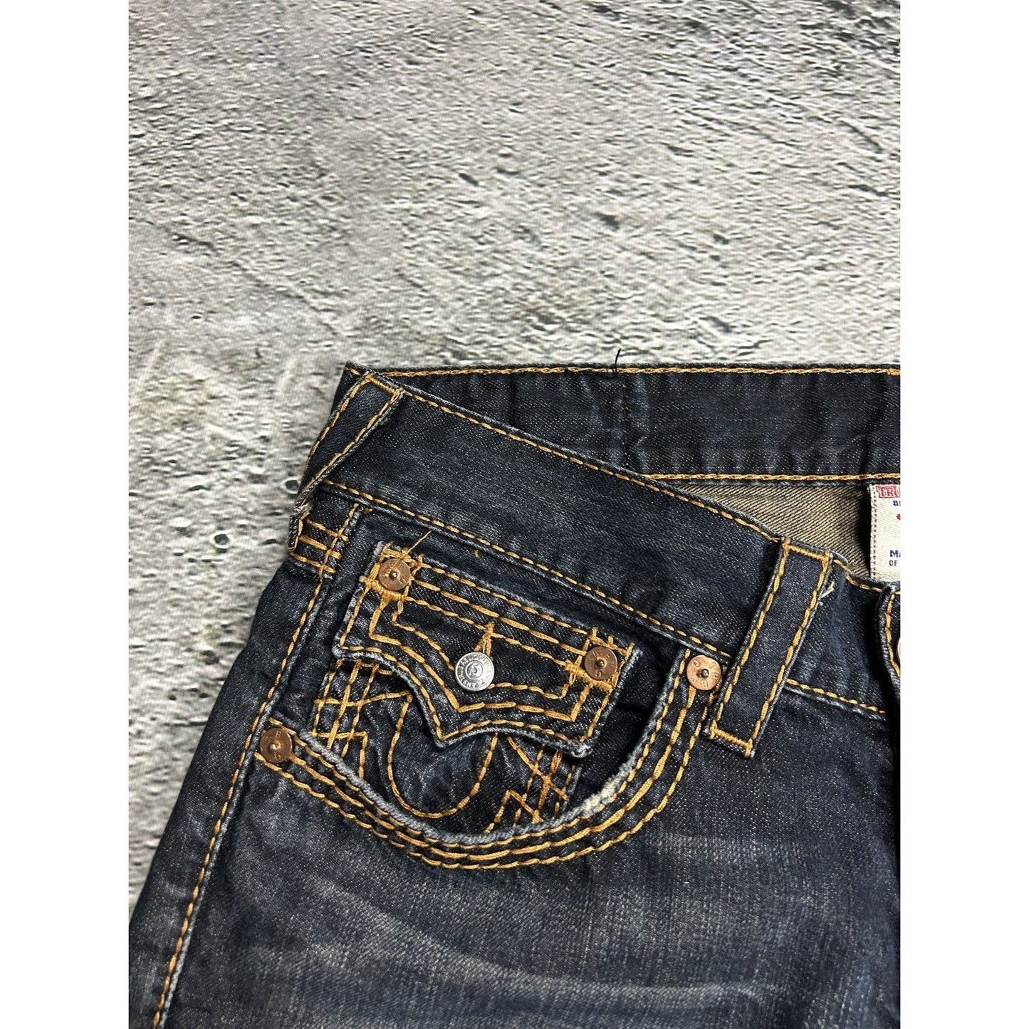 True Religion dark navy jeans orange thick stitching Y2K