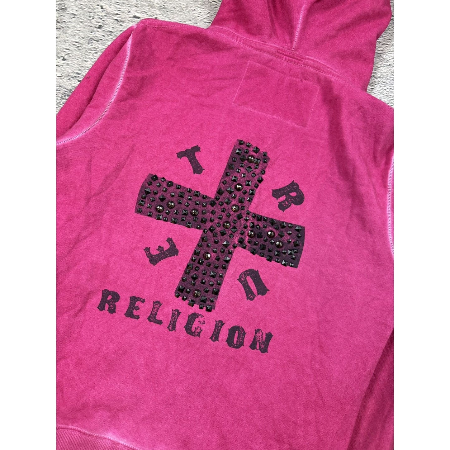True Religion hoodie pink big logo white cross vintage