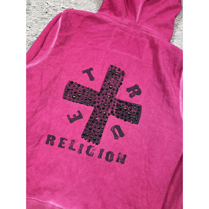 True Religion hoodie pink big logo white cross vintage