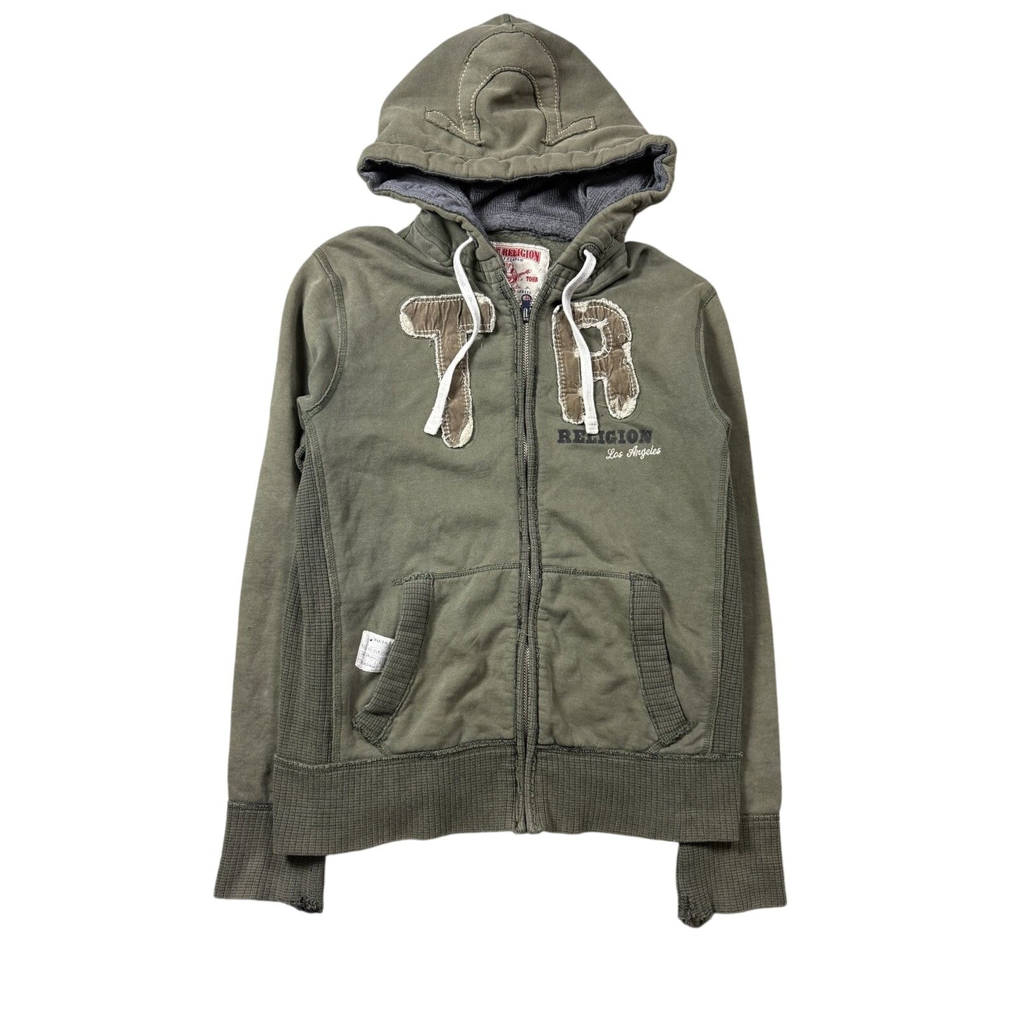 True Religion zip hoodie khaki green brown vintage fade Y2K