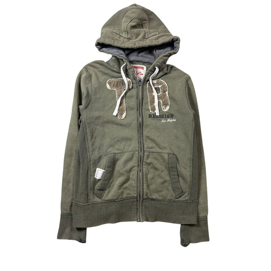 True Religion zip hoodie khaki green brown vintage fade Y2K