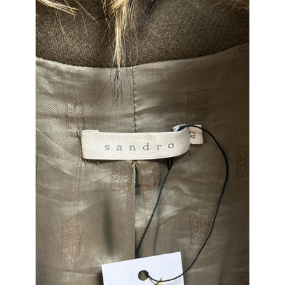 Sandro coat heavy wool khaki green hooded with fur