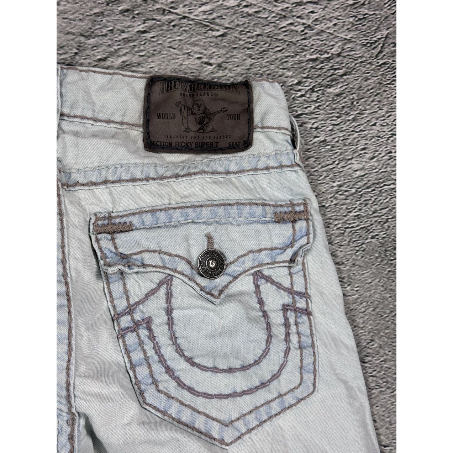 True Religion light blue jeans beige stitching Ricky Super T