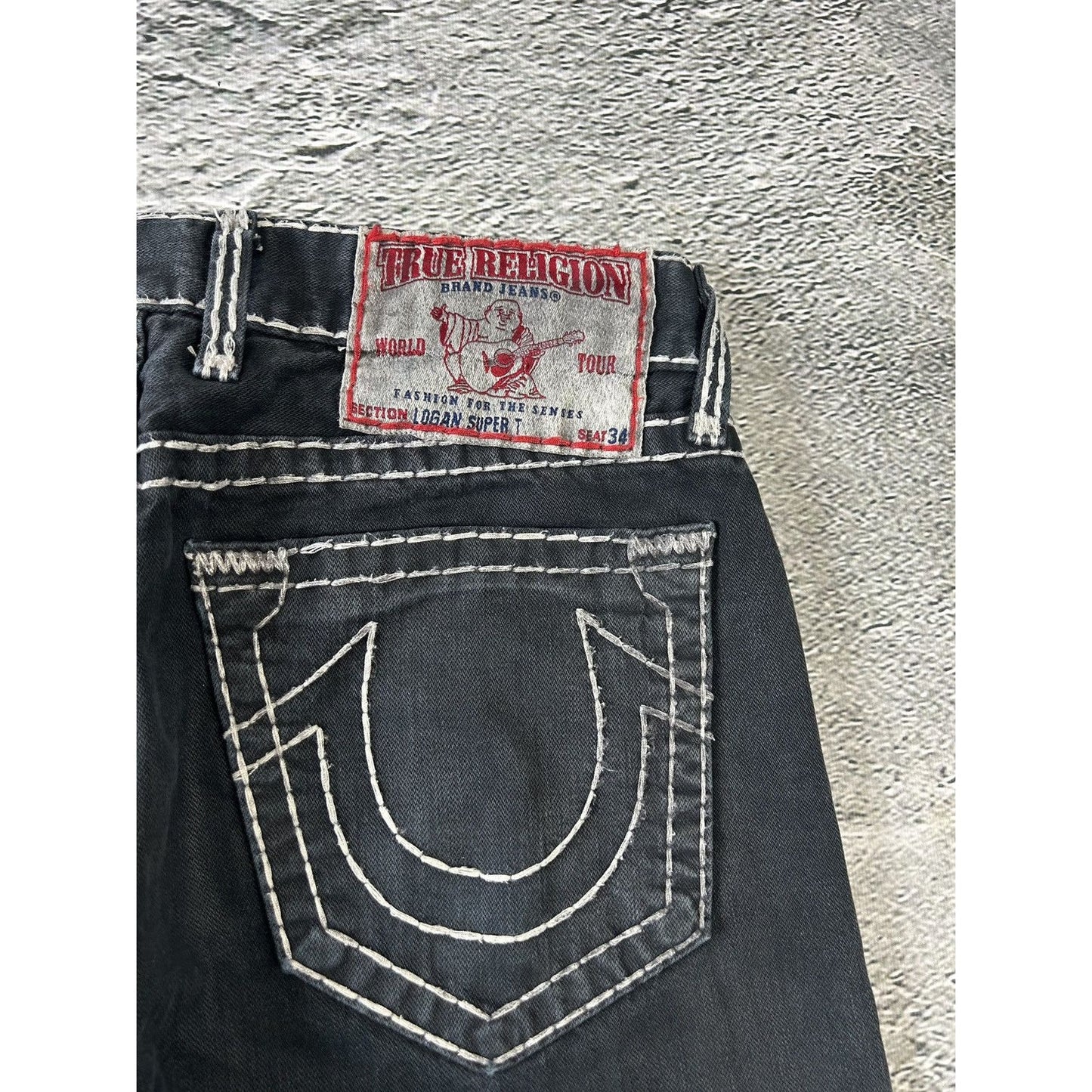 True Religion vintage black jeans denim white stitching