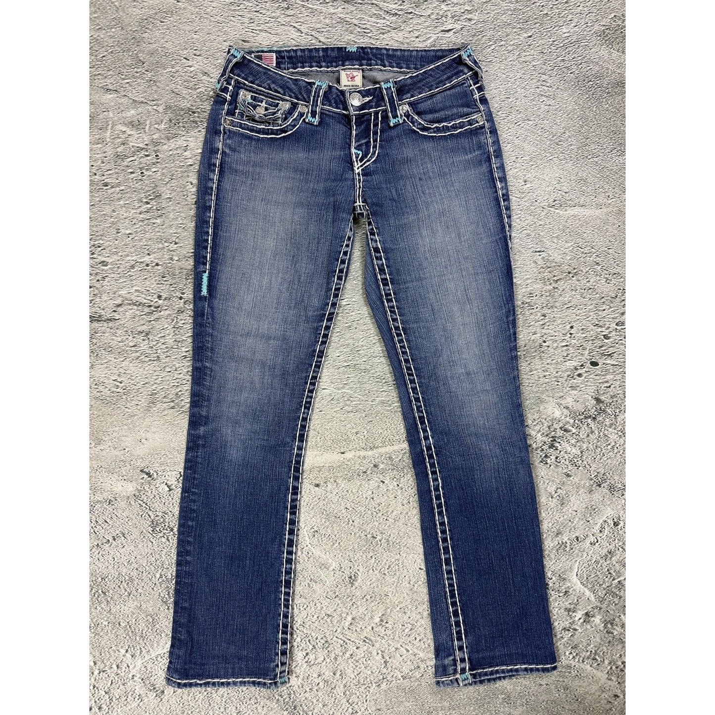 True Religion jeans bootcut blue white thick stitching