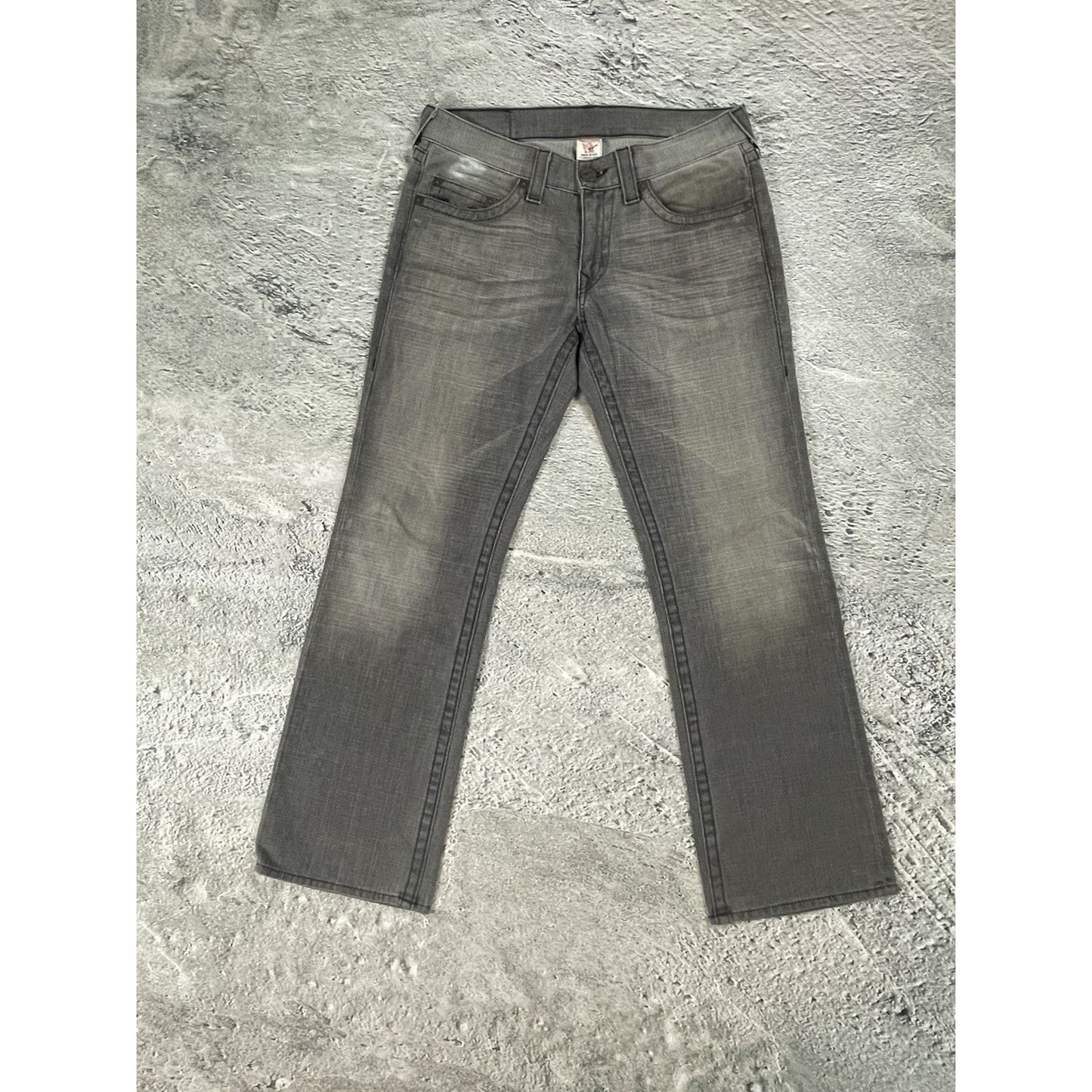True Religion jeans grey black leather patch Bobby straight