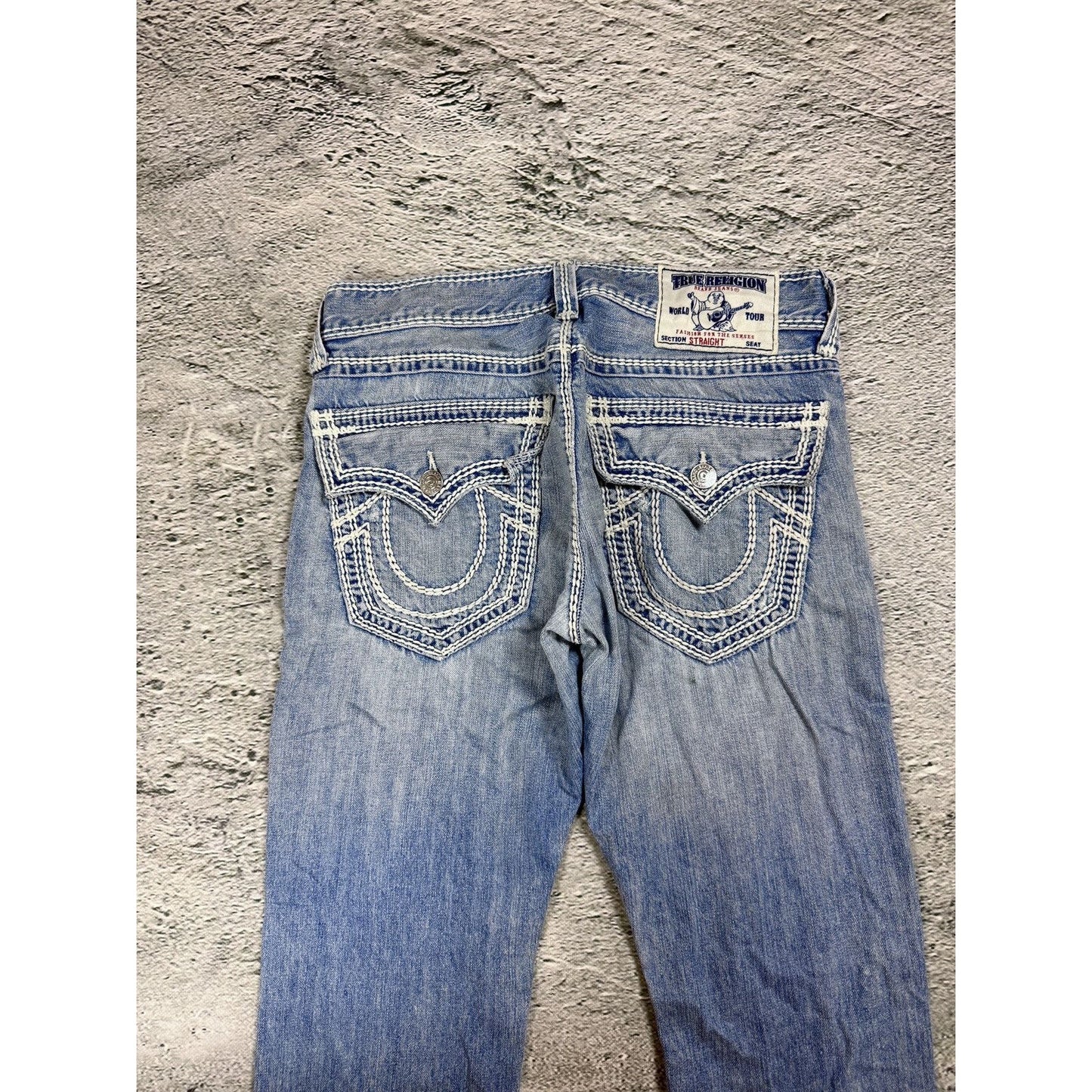 True Religion jeans straight baby blue Mega T white stitch