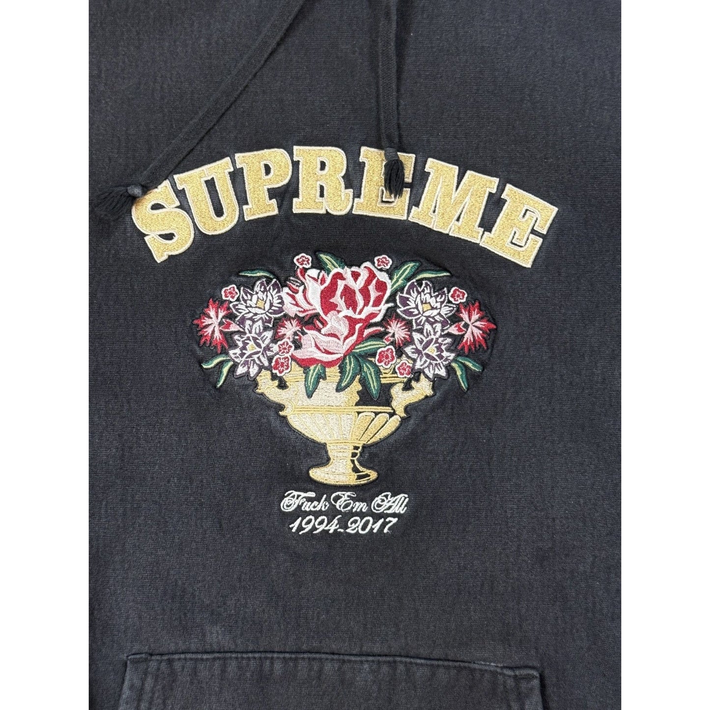 Supreme black hoodie floral center piece fuck em all 2017