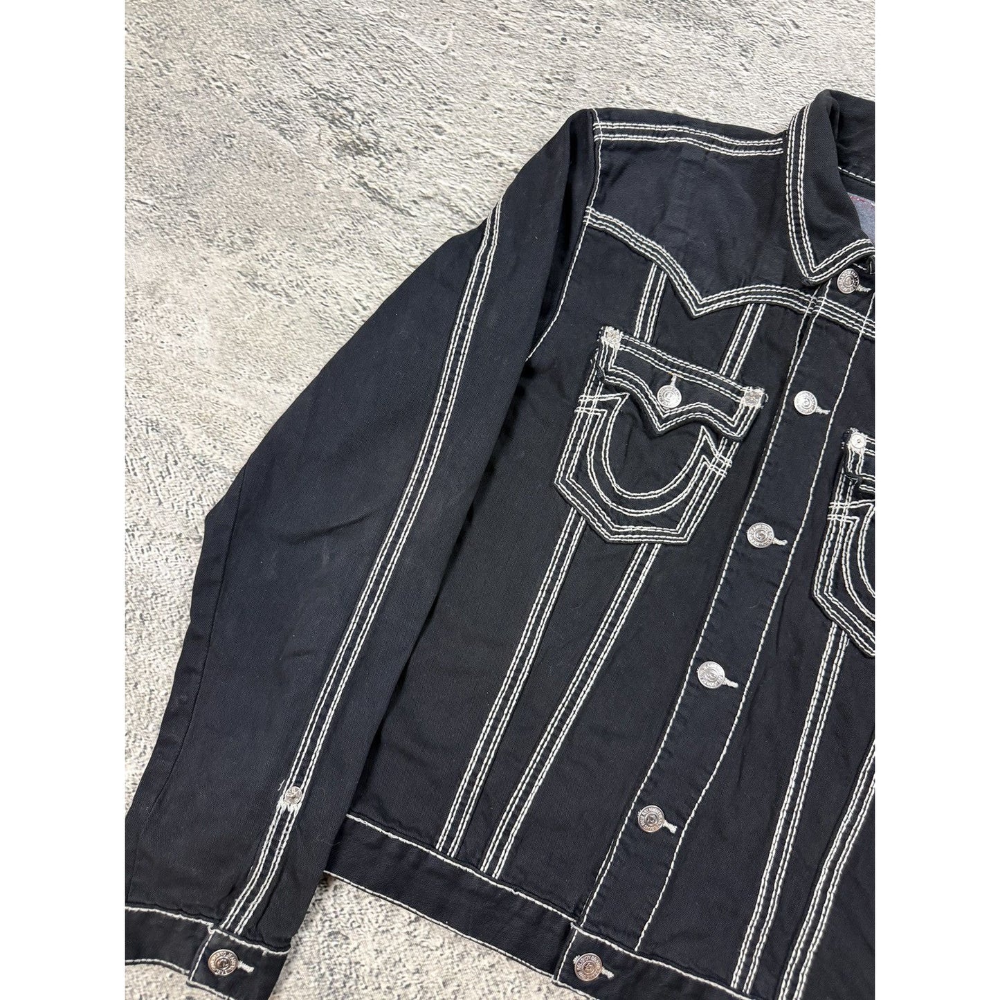 True Religion denim jacket black white thick stitching