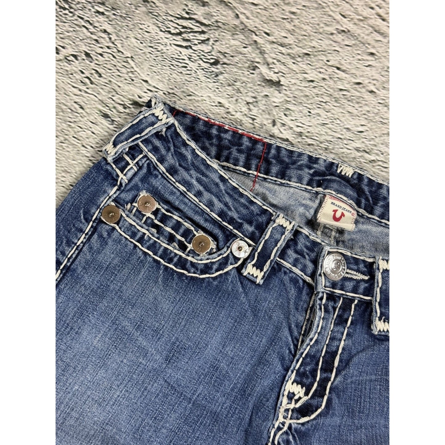 True Religion blue jeans white thick stitching Johnny