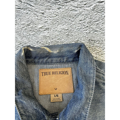 True Religion denim jacket navy grey contrast stitching Y2K