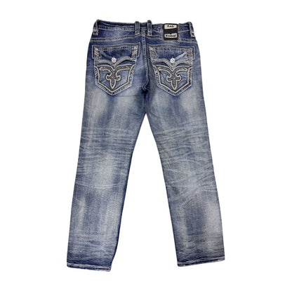 Rock Revival straight vintage blue jeans leather patch Y2K
